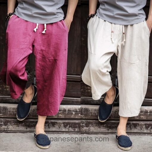 Asian Cozy Cotton Wide Leg Casual Loose Baggy Capri Pants 1